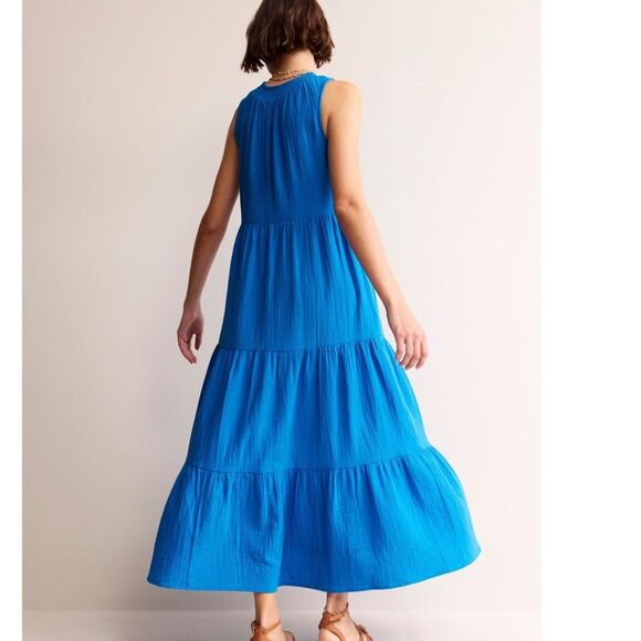 Boden 100% Cotton Gauze Blue Double Cloth Maxi Tiered Dress Size 22 Regular - Picture 8 of 13